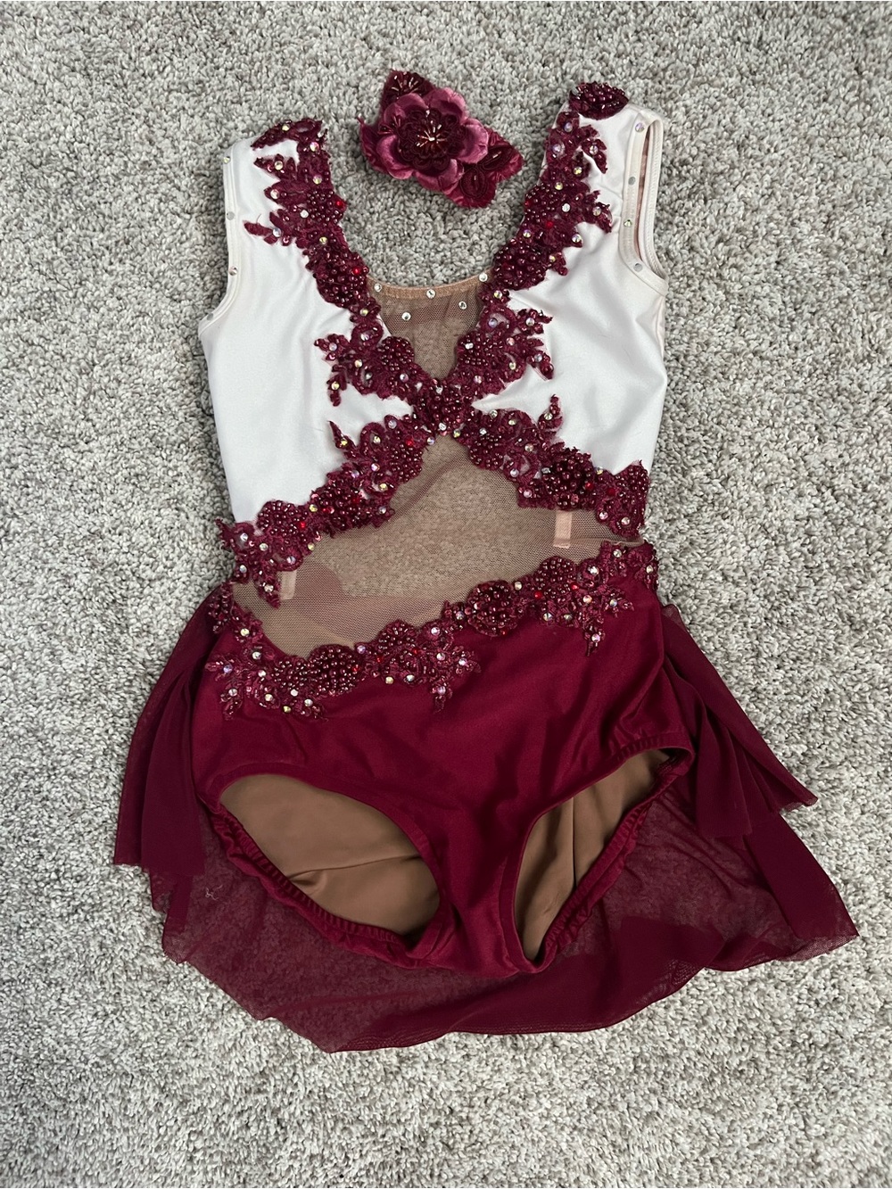 Burgundy & White Beaded Girls’ Lyrical Costume, Size 8